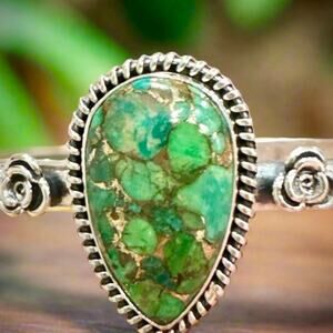 Copper Green Turquoise Teardrop Sterling Silver Cuff Bracelet